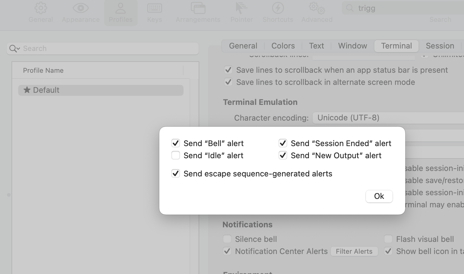 iTerm notifications "Filter Alerts" modal