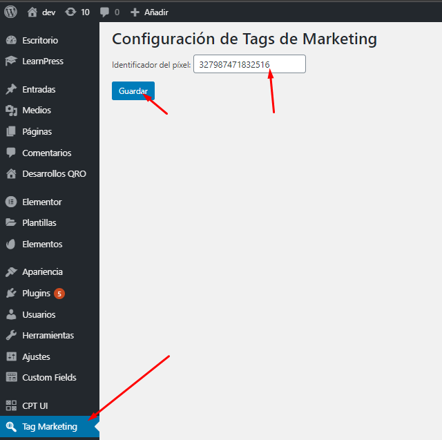 Captura del formulario y menu de administracion en WordPress que utilizo en mi Plugin