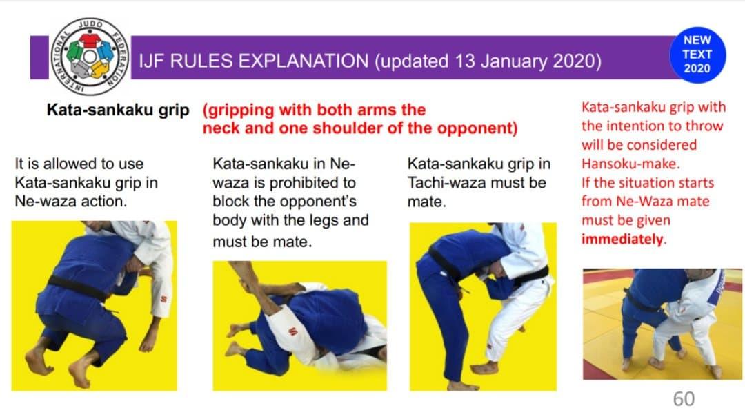 "The kata-sankaku grip in ne-waza action is allowed (picture 1). It is prohibited to block the opponents body with the legs and must be mate (picture 2). If the katasankaku grip is used in tachi-waza mate will be called (picture 3)."