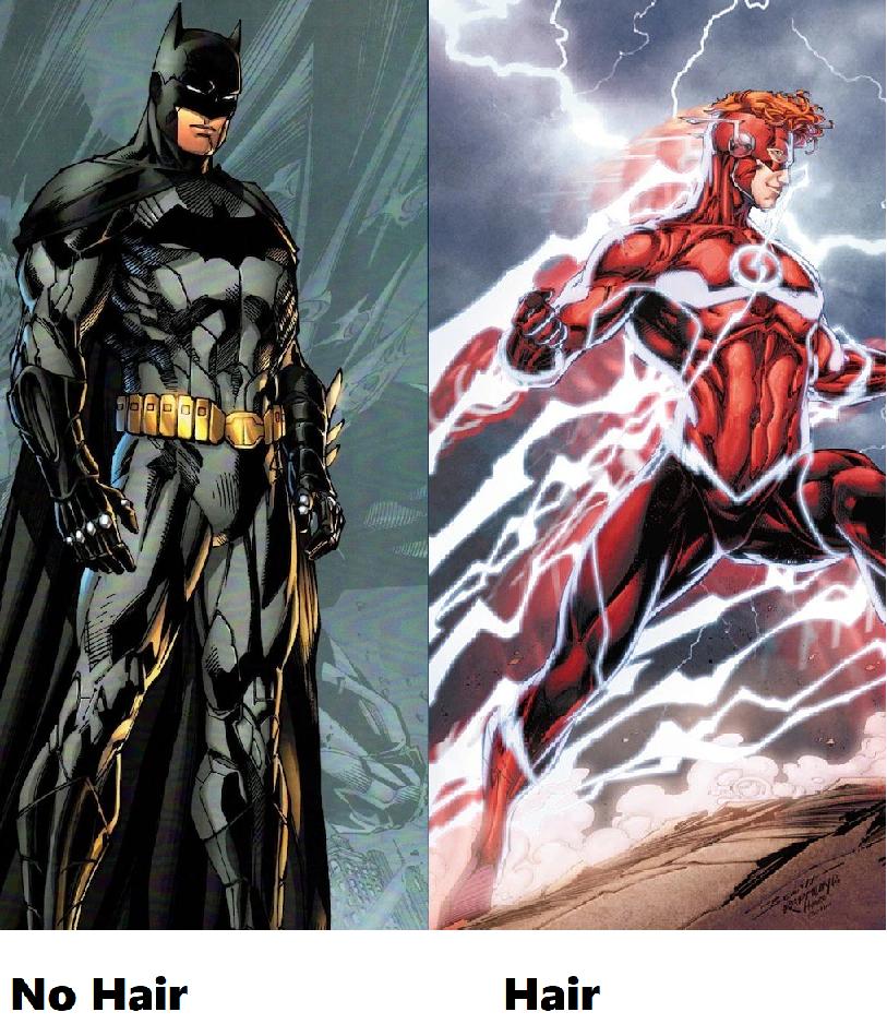 Batman and Flash, examples of the mouth exposing mask without hair and with hair respectively