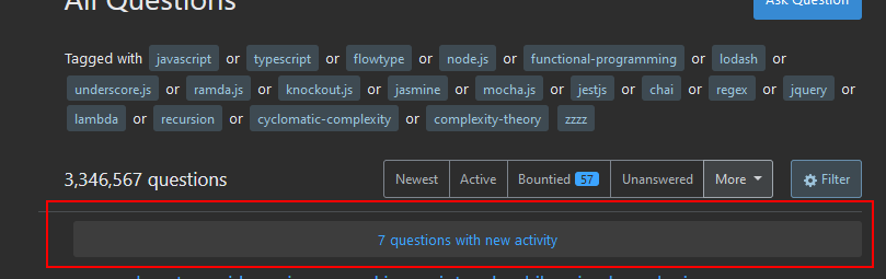 Screenshot of the list of question with a notification about new activity on top.