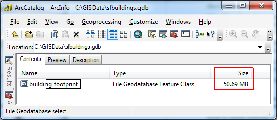 Size column enabled reveals feature class is 50.69 MB