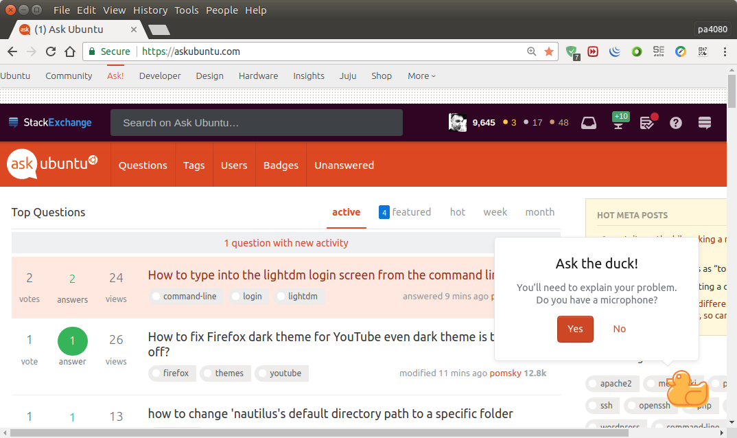 Ask Ubuntu page with duck offering help