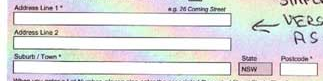 A sample of a certificate application form displaying fields for "Address Line 1", "Address Line 2", "Suburb/Town", "State", and "Postalcode".