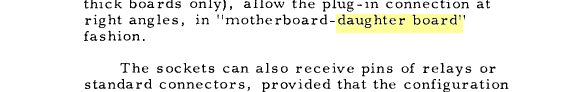 Some special pins for attachment to the edge of a printed circuit board (currently available for 0.031" thick boards only), allow the plug-in connection at right angles, in "motherboard-daughter board" fashion. 