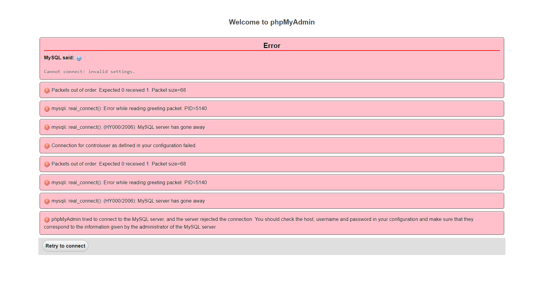 Mysql Xampp Phpmyadmin Error List Cannot Connect Invalid Settings