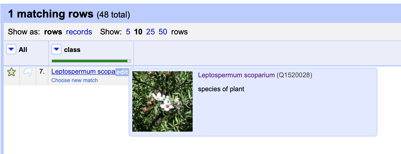 Google OpenRefine screenshot showing plain-text data reconciled to WikiData