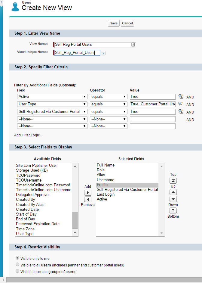 Create New View - Self Registered Community Users