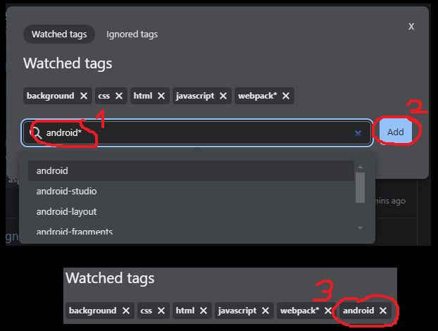 screenshot of new watched tag widget showing attempt to add wildcard tag