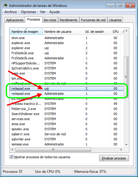 Administrador de tareas - Proceso 'notepad'