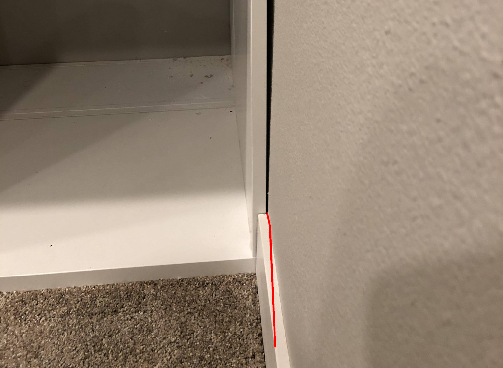 superimposed line to show how to cut the baseboard to allow for partial door opening