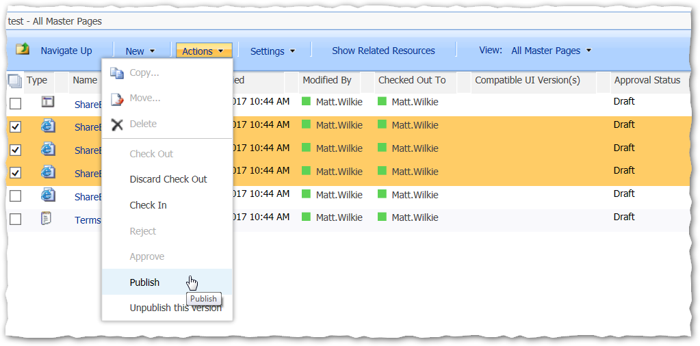 Image of 3 selected files, about to be Published