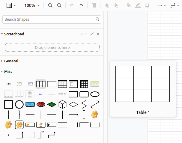 Screenshot of the draw dot IO left-hand shape menu with "Table 1" highlighted