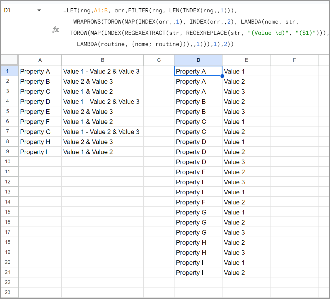 Screenshot showing formula and results in Google Sheets