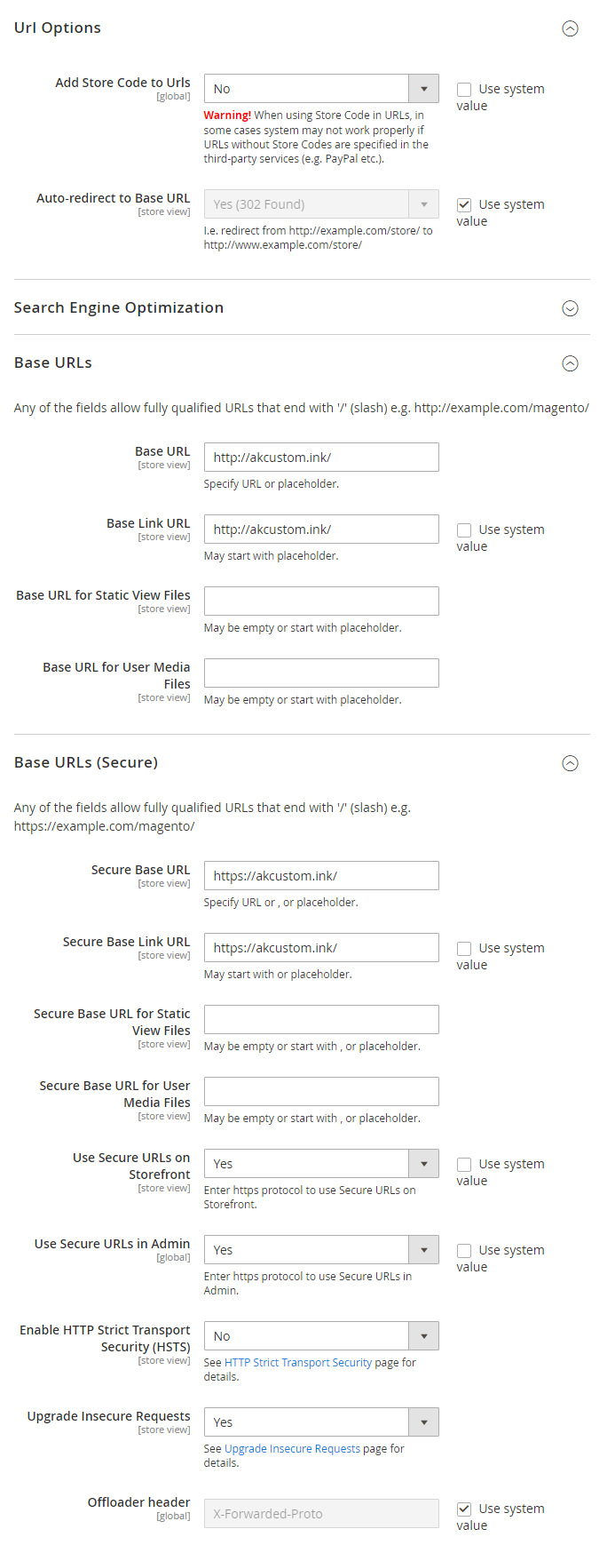 main store url options