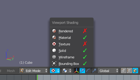 screenshot of viewport shading selector with check marks showing which ones enable face dot viewing