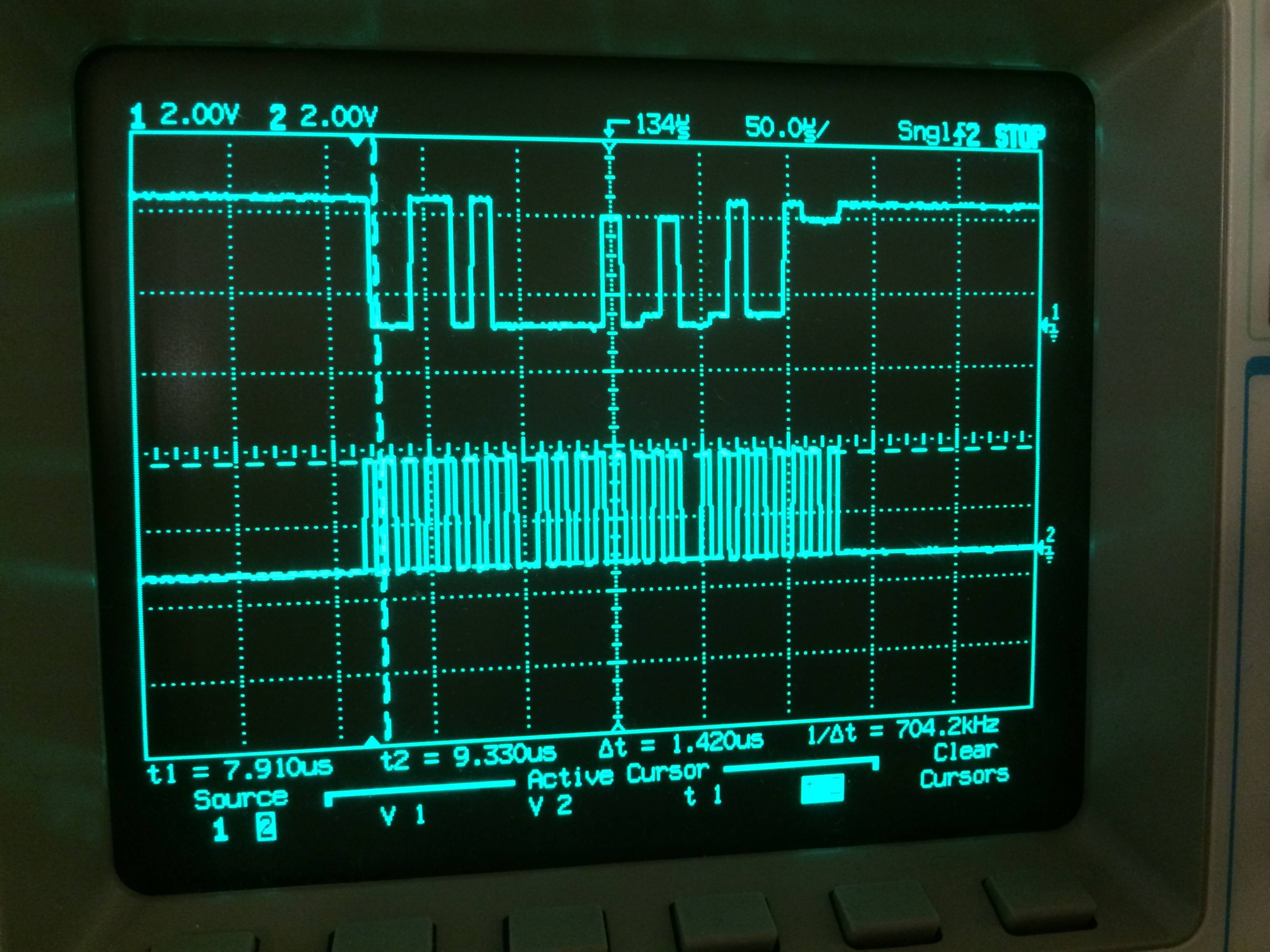 Does this MISO line (channel#1) show reflections?  The levels don't look digital with stair case, is this reflections