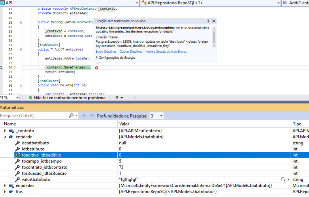 Imagem do erro PostgresException: 23503: insert or update on table tbatributo violates foreign key constraint tbatributo_tbaditivo_idtbaditivo_fkey aparecendo na tela do visual studio na linha _context.saveChanges"