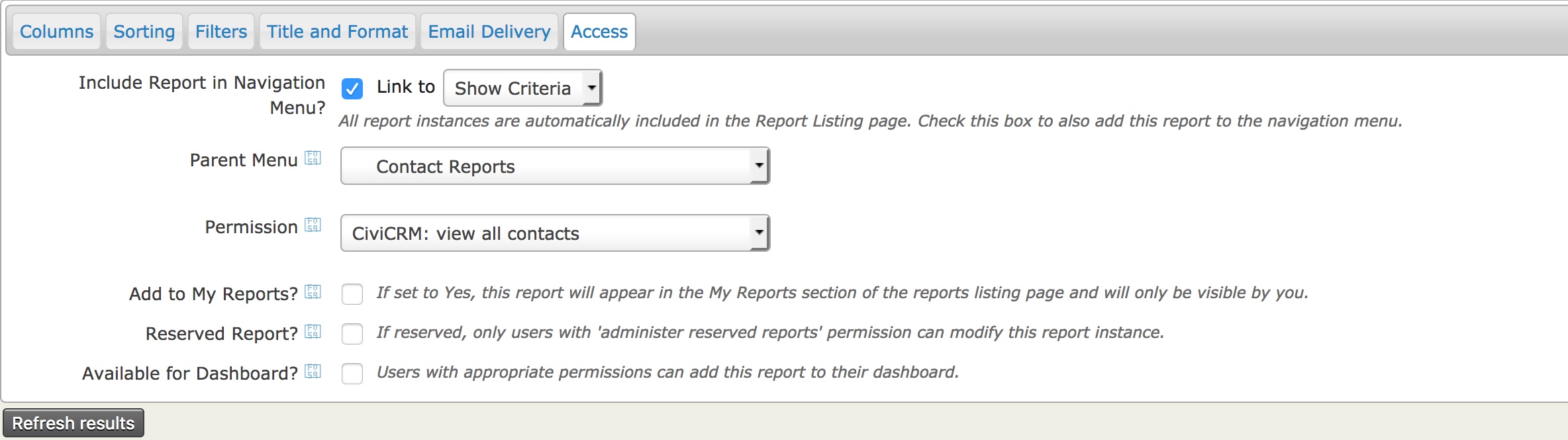 access tab for report