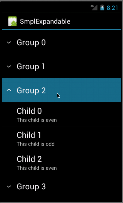 Expandable List view example