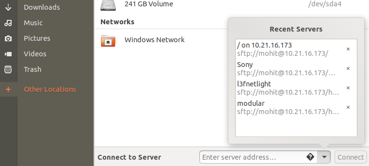 Screenshot of Ubuntu Connect to Server feature showing recent sftp:// servers