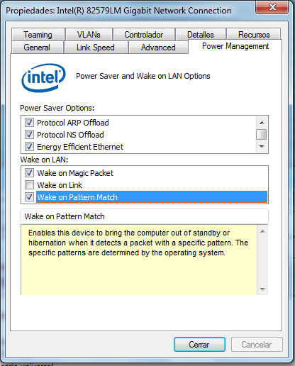 Power Management options of the computer