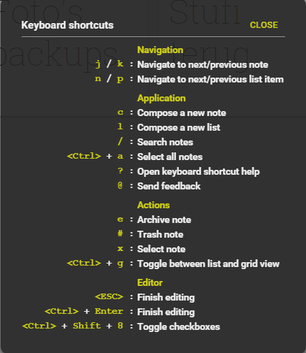 Screenshot of Google Keep shortcuts