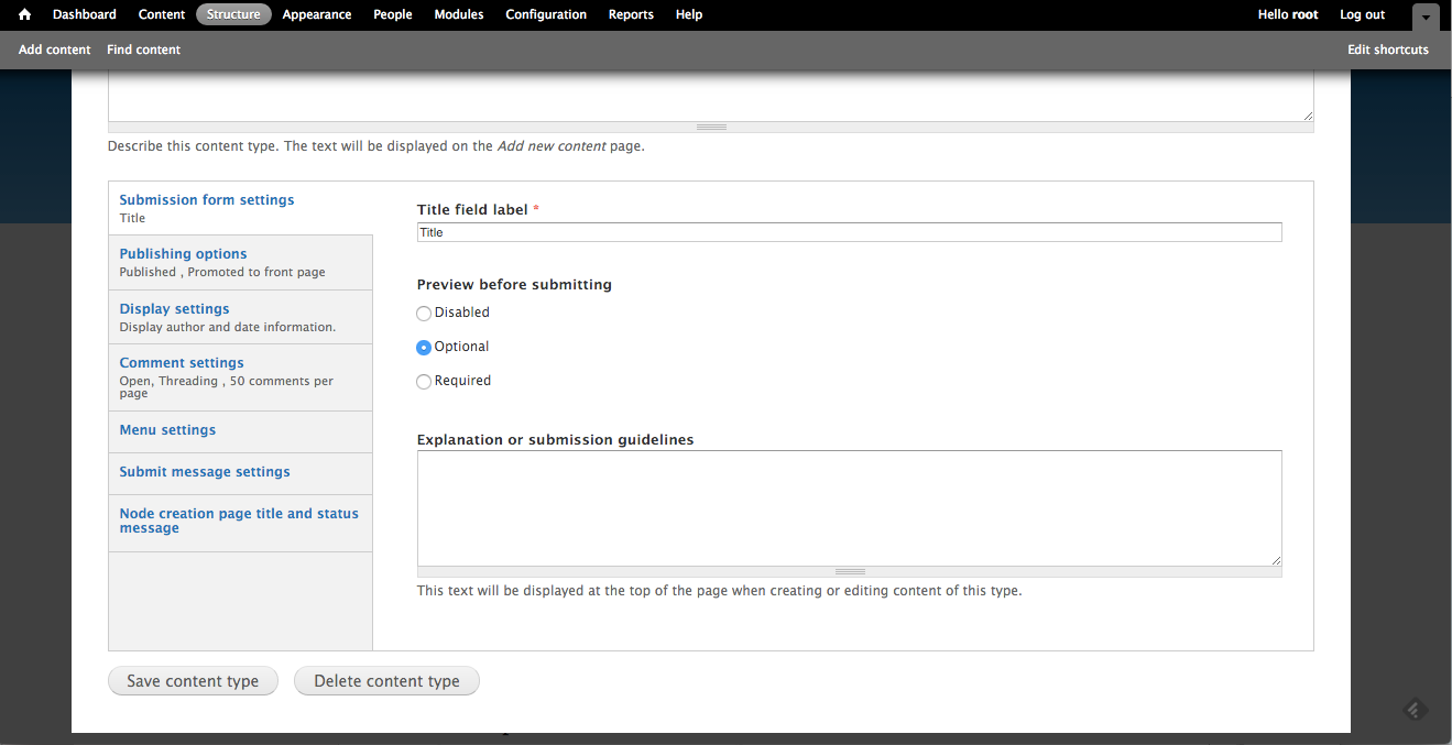 Screenshot of node type settings page