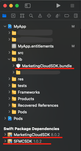 Project folder containing MarketingCloudSDK.bundle and both SFMCSDK and MarketingCloudSDK Swift Package Manager dependencies