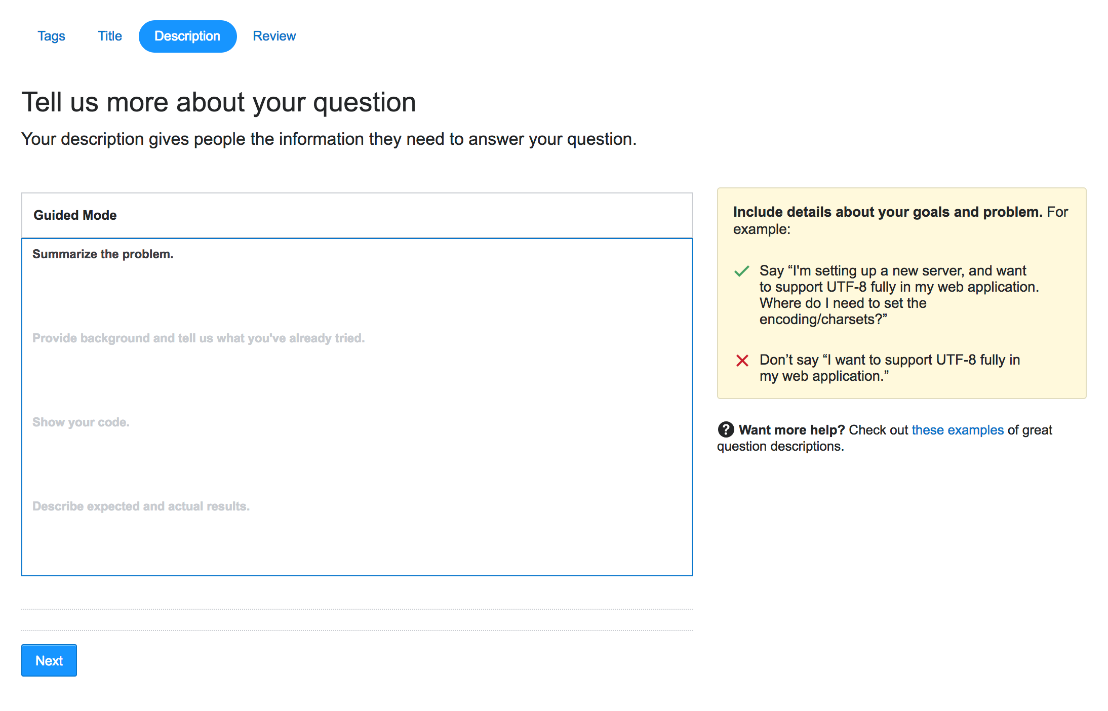 Screenshot of the question body section of the wizard. Section prompts: summarize, Provide background, show your code, describe expected and actual results