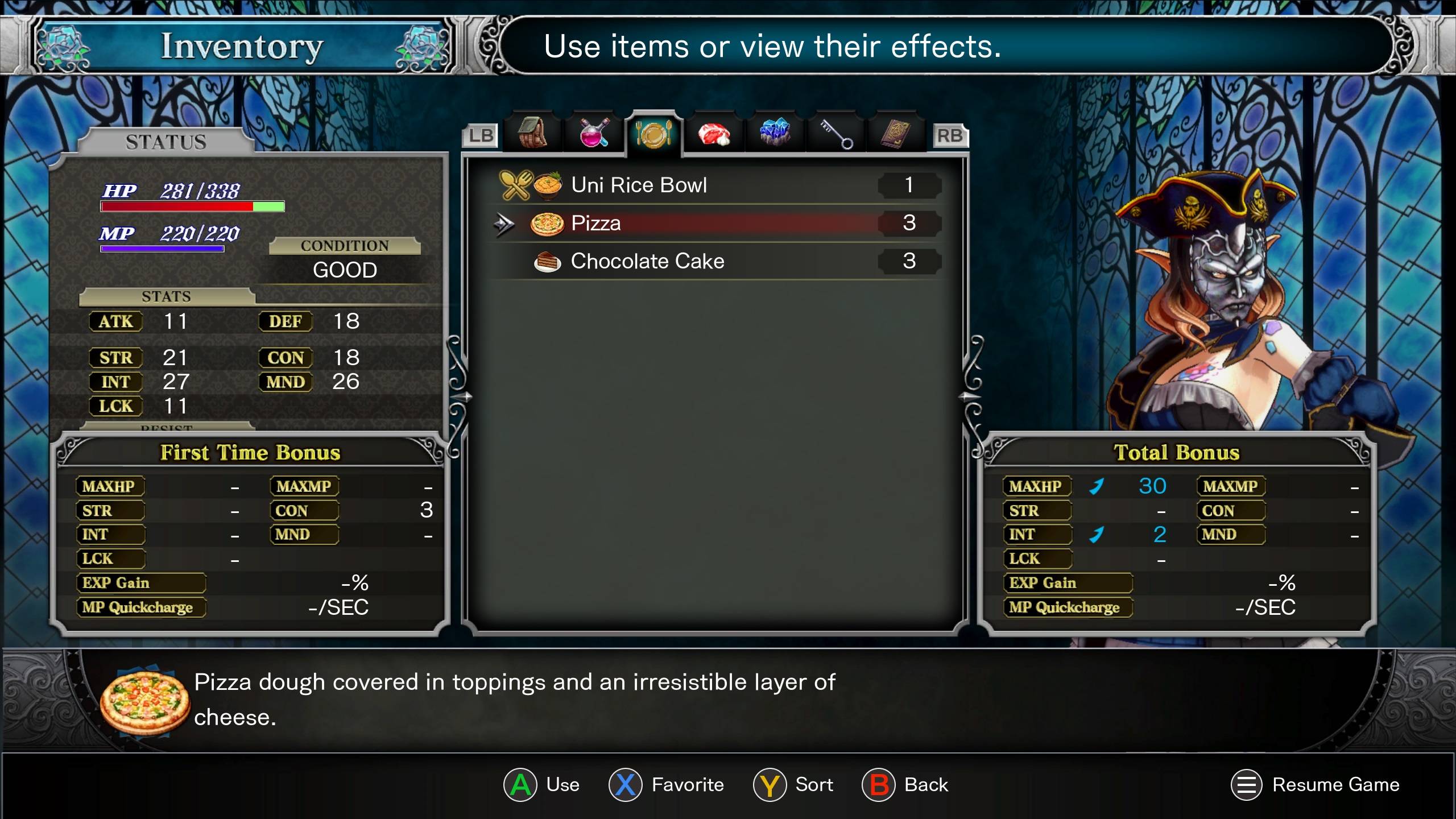 inventory screen looking at the food tab and unconsumed food