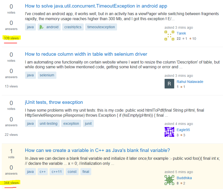 Java newest questions displaying 4 new questions where 2 have over 300 views