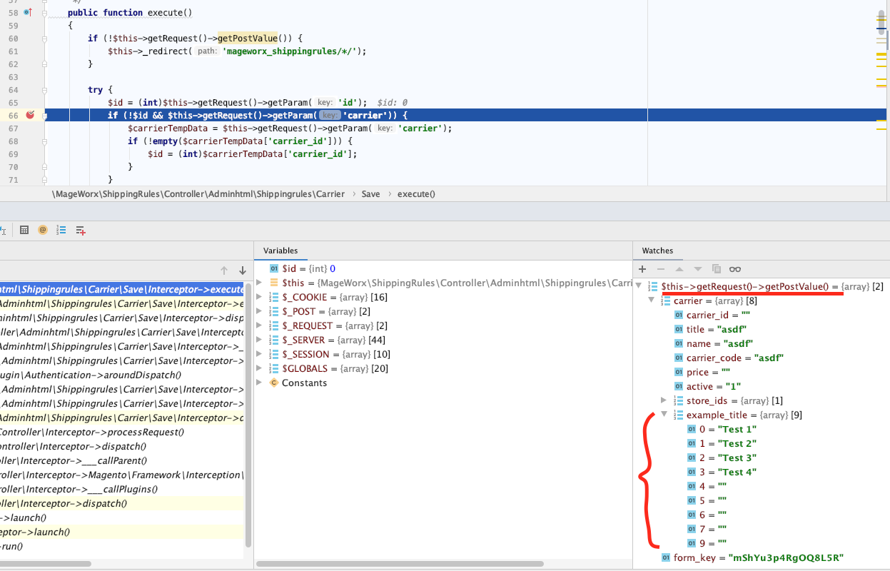 post data in controller xdebug