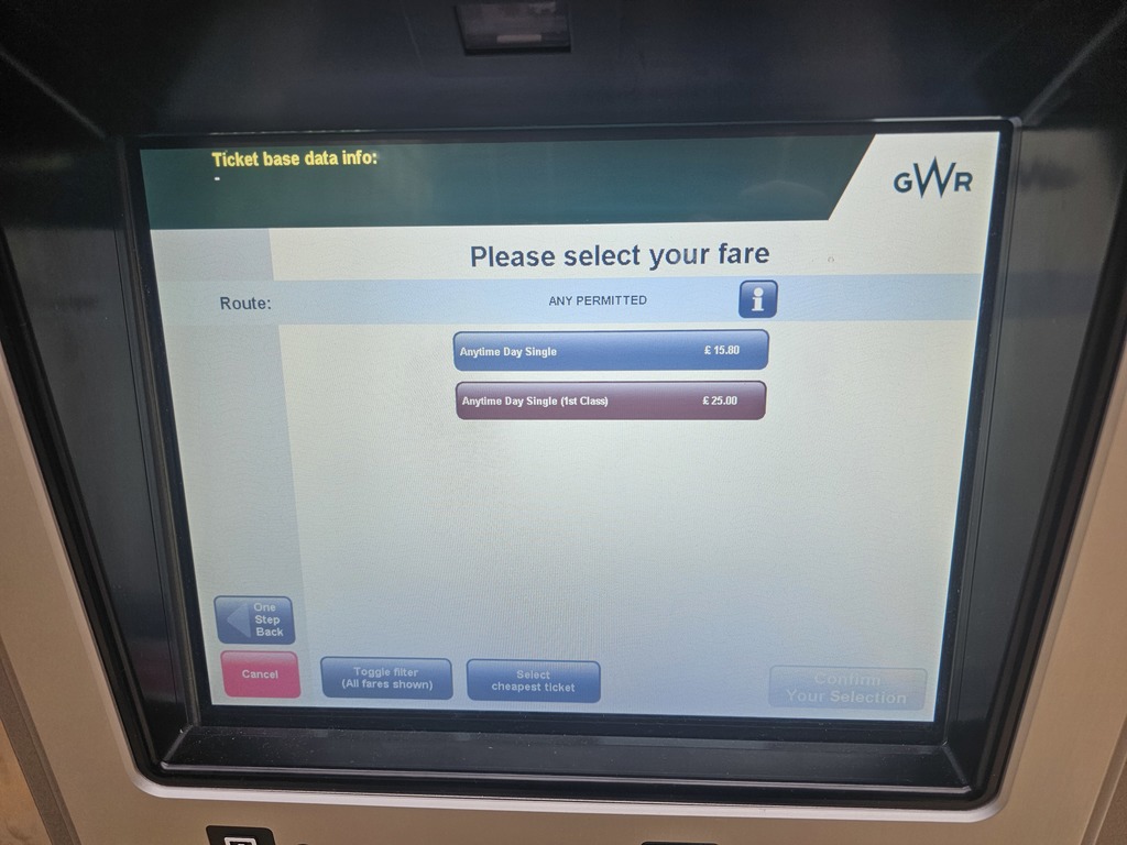 Ticket type selection of GWR TVM