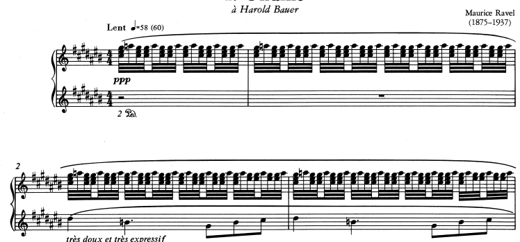 The first three bars plus a pick up bar of Ravel's Ondine with a pianississimo marking and an asymmetric tremolo consisting of thirty-second notes in the right hand that does not stop and the left hand crossing over the right hand like it's nothing