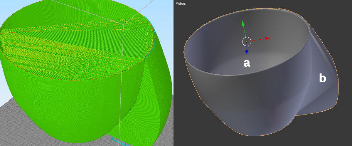 on the left theG-code, on the right the Blender model. Note strange additions of triangles inside the "cup"