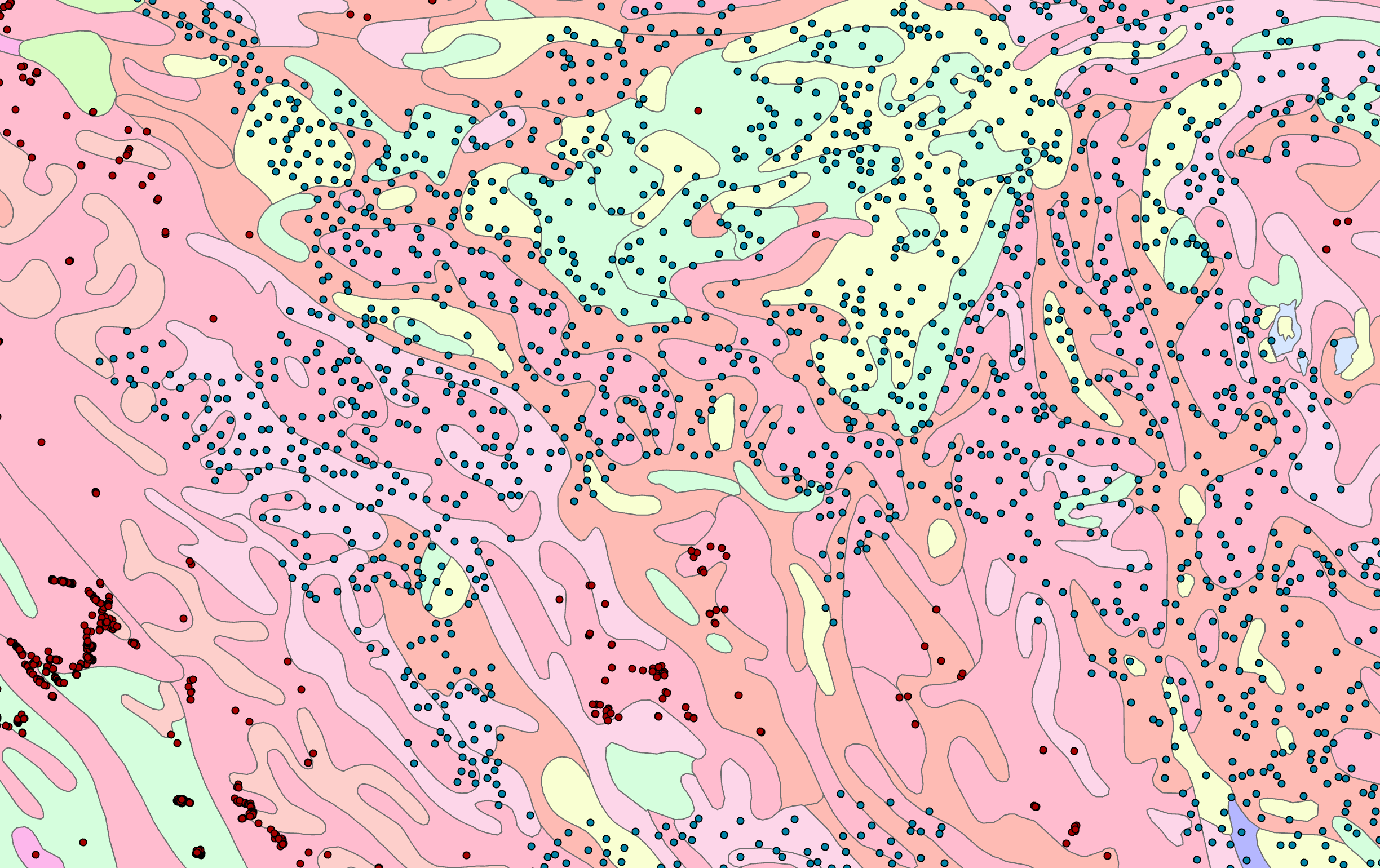 Map of soil types and point features