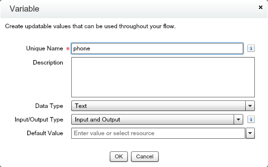 Variable phone created as Text data type