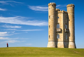 A figure stands beside Broadway Tower, a folly in the English county of Worcestershire, that is only 65 feet tall.