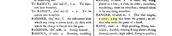 Ranger: One that ranges, a rover ; a dog that beats the ground ; an officer who tends the game of a forest.