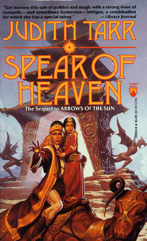 Cover of "Spear of Heaven" showing Daruya holding her daughter Kimeri against the backdrop of a Worldgate; Daruya is holding her right hand in front of her, with the glowing sun sigil visible on its palm