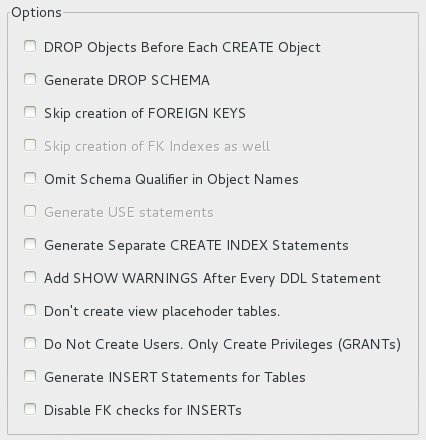 Opções do Forward Engineer do MySQL Workbench