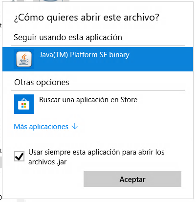 Pulsar en "Java(TM) Platform SE binary" y marcar "Usar siempre esta aplicación para abrir los archivos .jar"