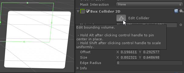 Screenshot of using the Edit Collider button on a BoxCollider2D in Unity