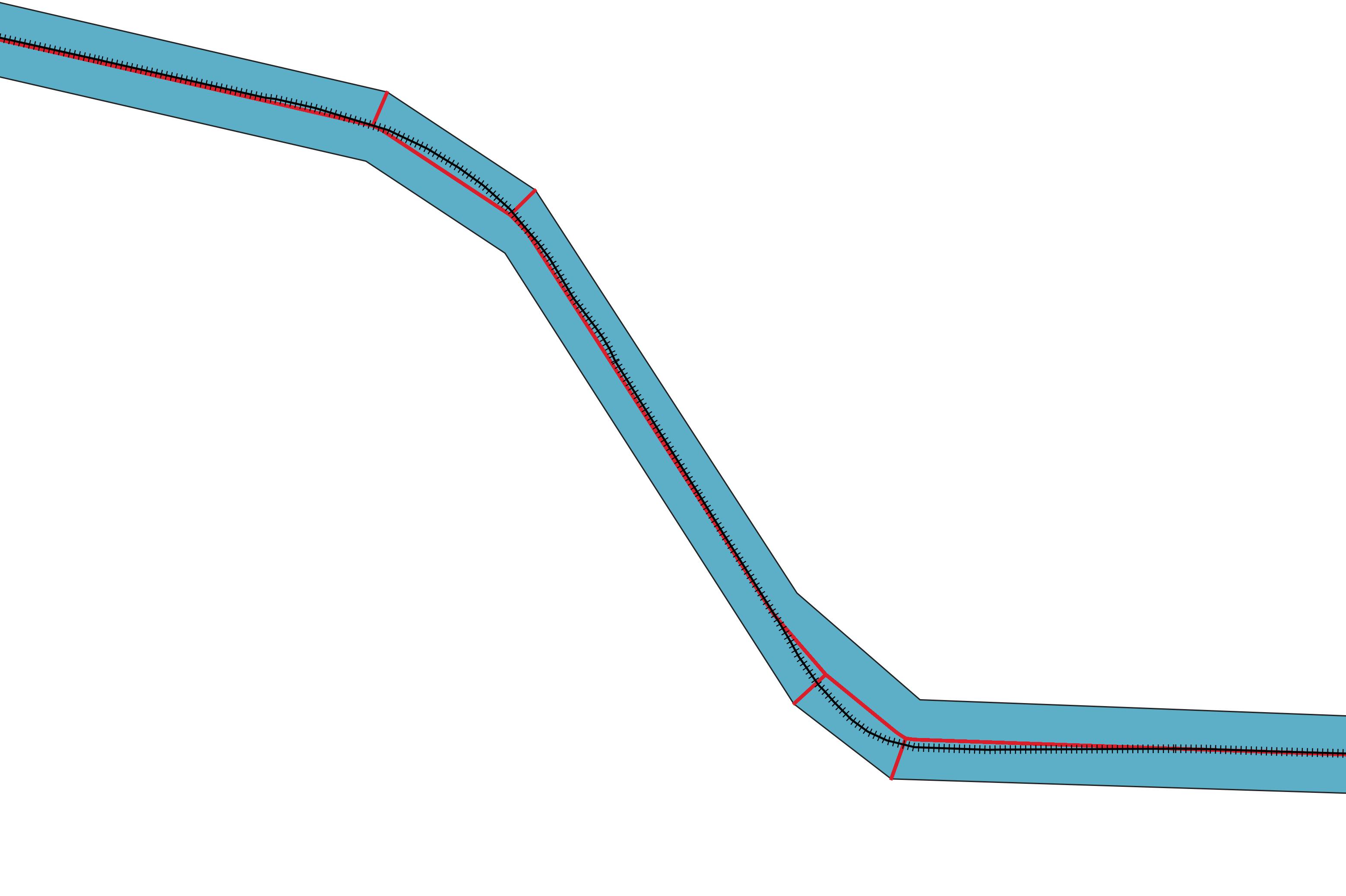 Original railway line, simplified buffer and skeleton in red