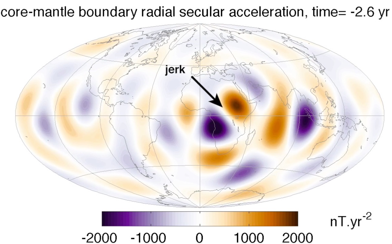 Screen Shot from video #2 Nature Geoscience  Geomagnetic jerks and rapid hydromagnetic waves focusing at Earth’s core surface