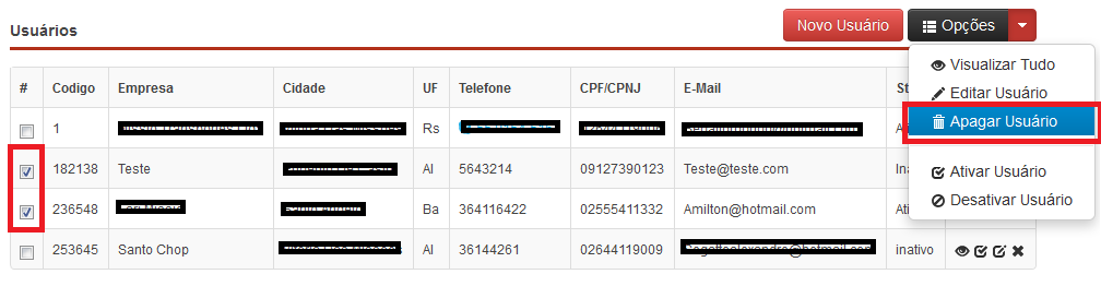 Tabela com usuários sendo listada na página