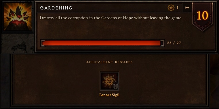 Cropped screenshot of the Gardening achievement:  "Destroy all the corruption in the Gardens of Hope without leaving the game."  Shows 26/27 progress.