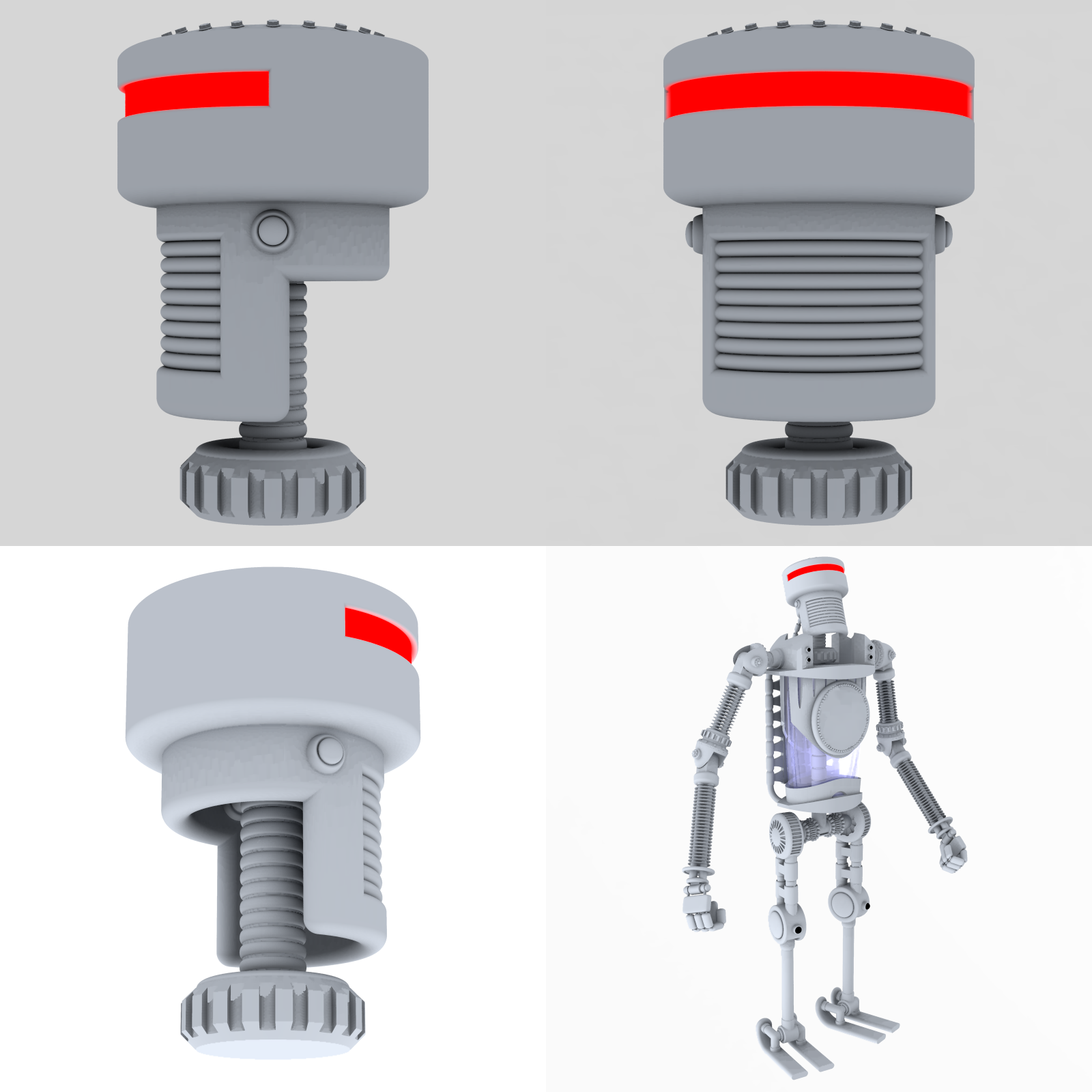 robot head side, front and under view