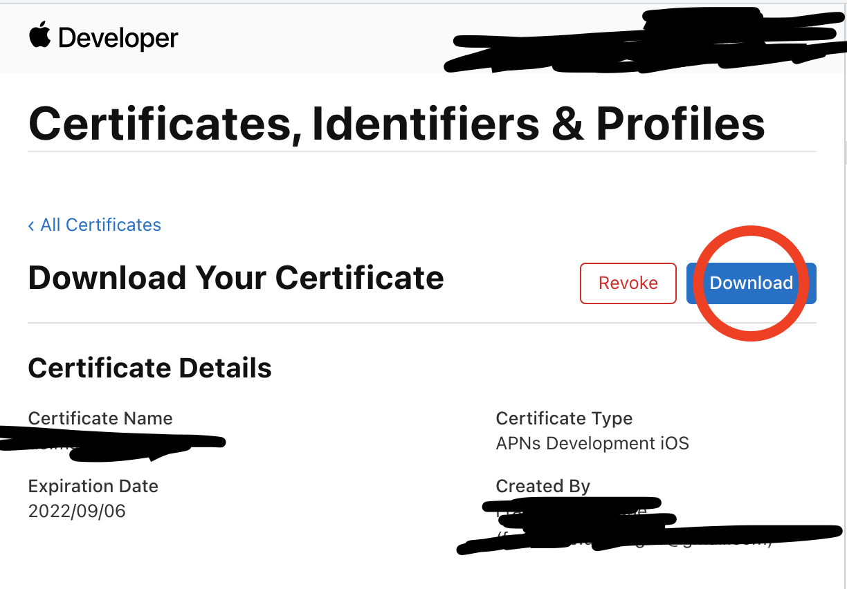 Certificates, Identifiers & Profiles certificate download page